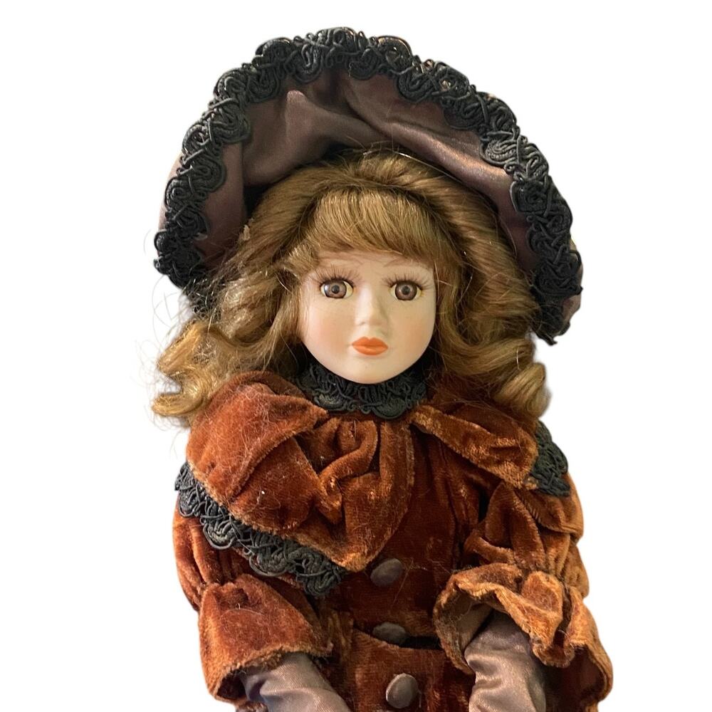 Vtg Porcelain Doll Brown Eyes Lashes Brunette Wavy Hair Shoes Umbrella Stand - Picture 5 of 13